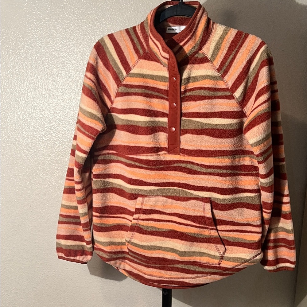 Sonoma Women's Striped Fleece Pullover - Red, Orange, Cream, Sage